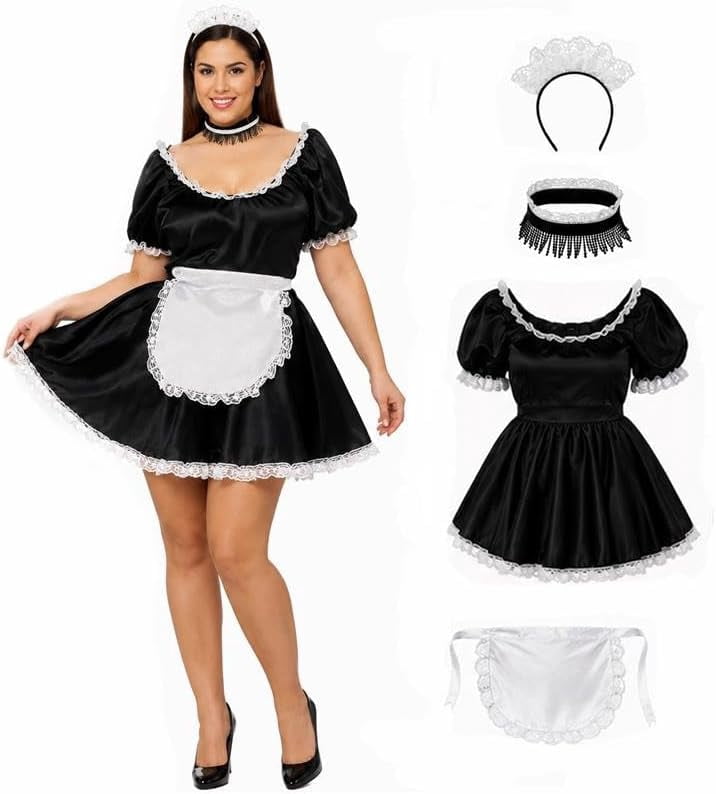 PMU French Maid Halloween Costume Black White Dress with Headpiece, Plus Size Up to 22