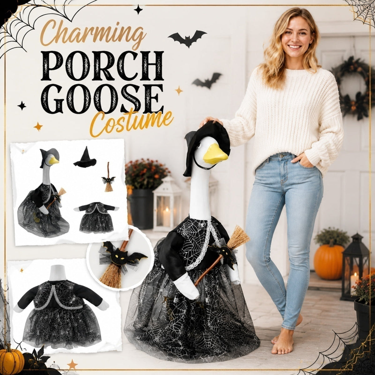 Outdoor Holiday Yard Decor, 23 Inch Porch Goose Outfits, Halloween Pumpkin Themed Porch Goose Clothes, Porch Goose Set with Hat and Treat Bag, Fits Standard 23 Inch Large Porch
