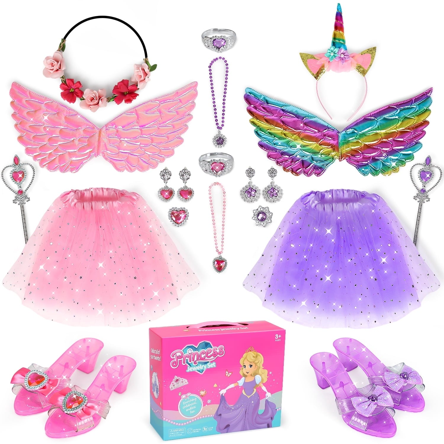 Princess Dress Up Toddler Girl Toys, Dress Up for Girls 3 4 5 6 Year Old, Princess Toys for Toddler, Upgraded with 3 Sets, Include Jewelry, Crown, Shoes, Princess Wand...Birthday Gift