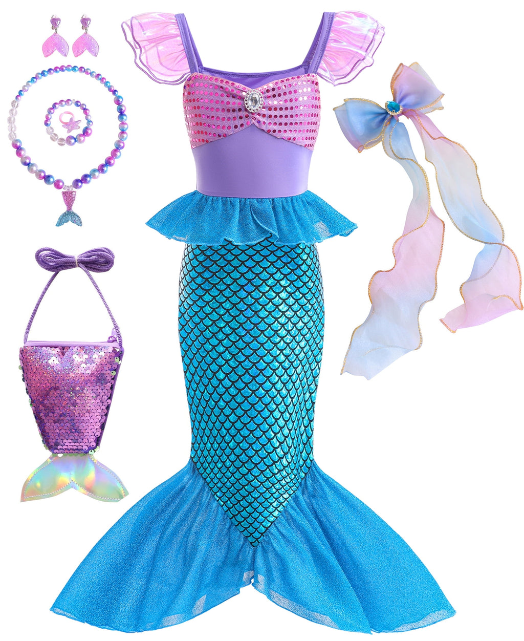 Princess Mermaid Costume for Girls Ariel Dress up Kids Cosplay Outfit with Accessories 2-10Years