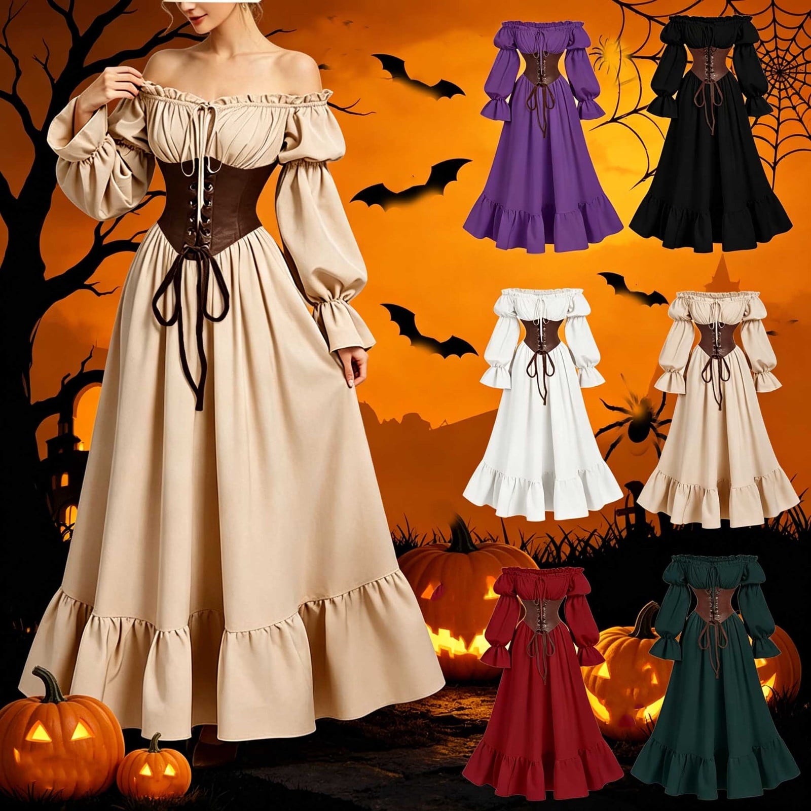 QATAINLAV Renaissance Costume Women Vintage Medieval Dress Cold Shoulder Short Sleeve Peasant Pirate Irish Maxi Dresses, Black, L