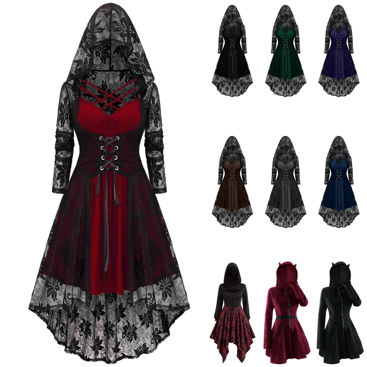 QATAINLAV Womens Gothic Hoodies Dress Fall Winter Long Sleeve Velvet Sweatshirts Cute Cat Ear Hooded Zip up Dresses with Pockets, Wine, M