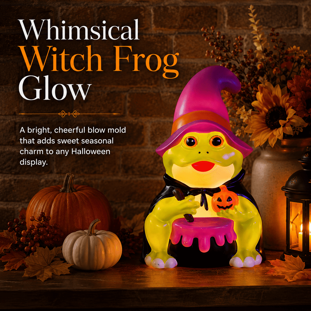QLUEWX Halloween Witch Frog Blow Mold, Green Witch Hat Frog Figure with Lighted Blow Mold Style, Light Up Frog Statue for Porch Yard Haunted House Indoor Outdoor Home Halloween Decoration