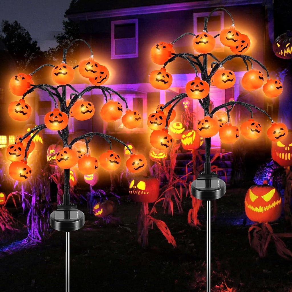 Qoosea 2 packs 40 LEDs Solar Halloween Pumpkin Stake Lights, 2 Modes Outdoor Waterproof Halloween Decorations, Solar Halloween Lights Stakes for Garden Yard Pathway