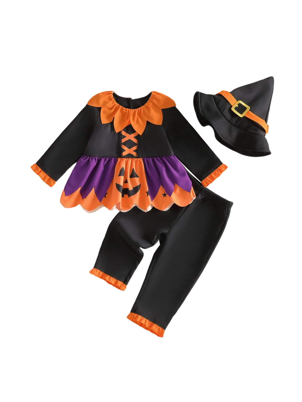RUINIXCW Toddler Baby Girl Halloween Witches Costume Kids Pumpkin Costume Infant Girl Fall Cosplay Outfit Long Sleeve Collar Babydoll Shirt and Pants Hat Set