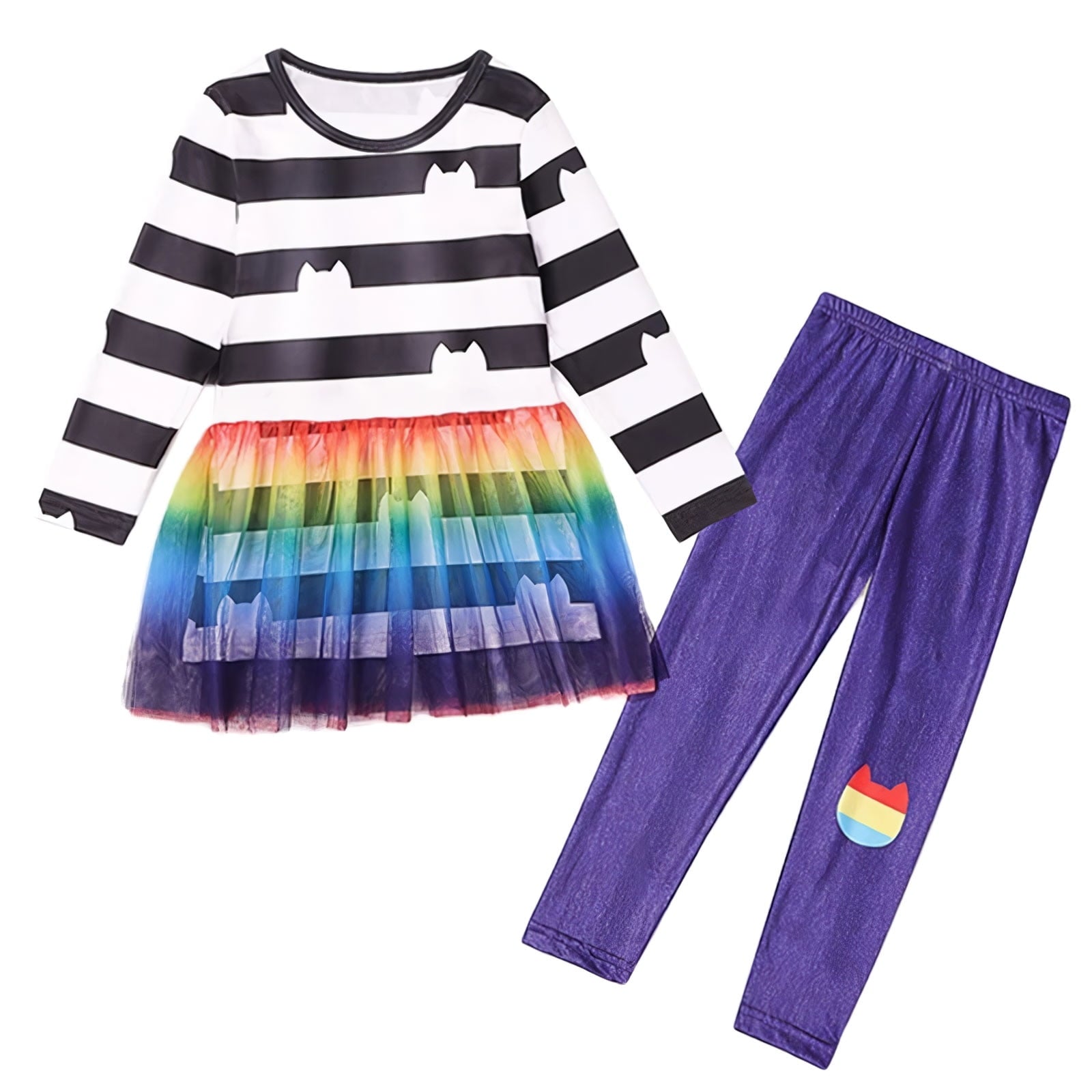 2PC Rainbow Dress Pant Set w/Headband for Girls Halloween Cat Birthday Tutu Outfit