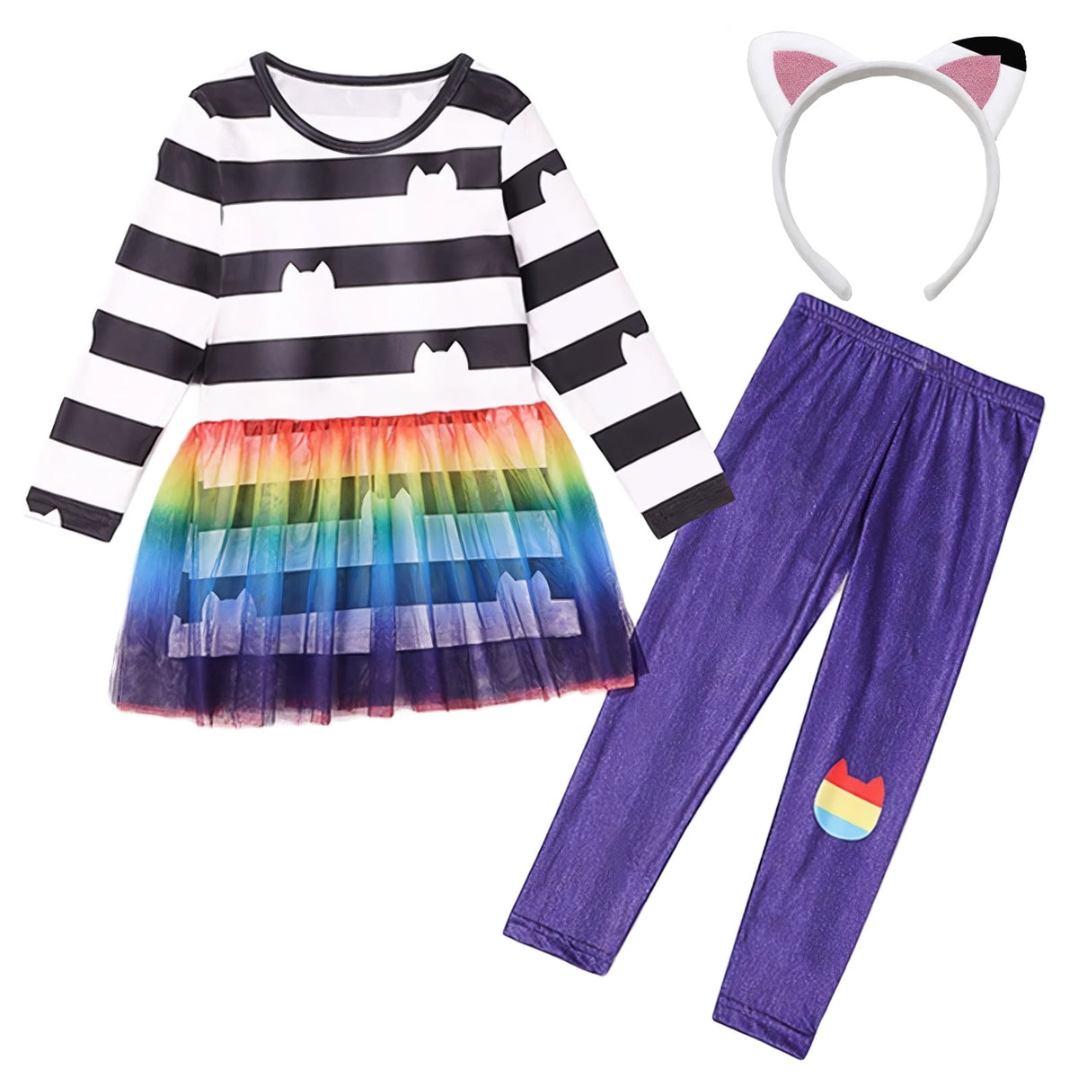 2PC Rainbow Dress Pant Set w/Headband for Girls Halloween Cat Birthday Tutu Outfit