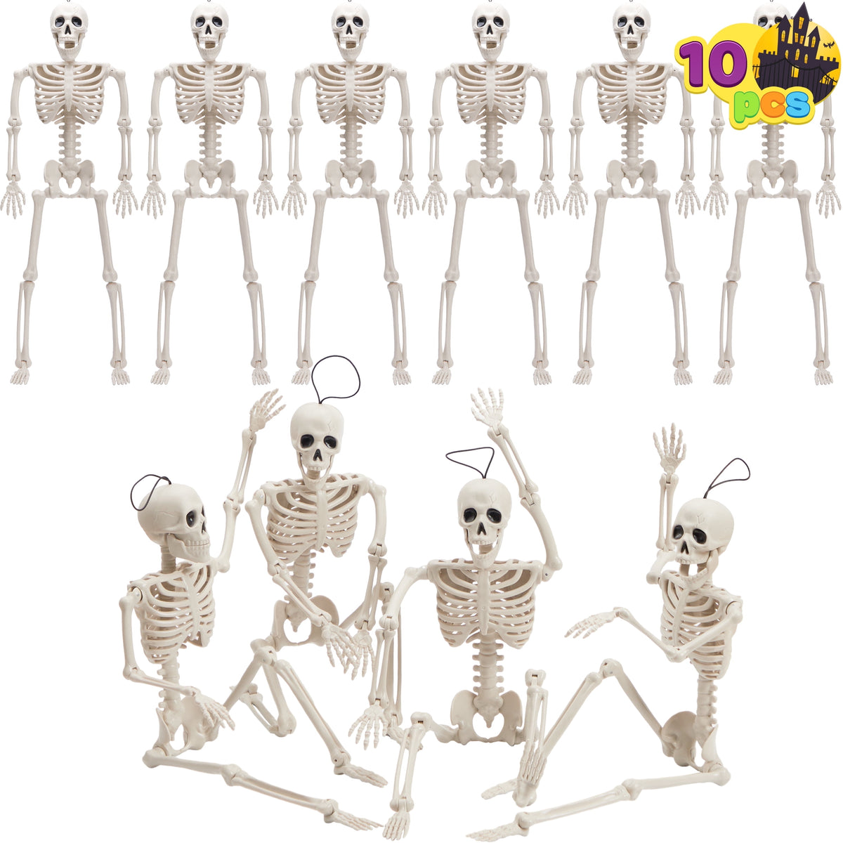 Joyfy 5 Pcs Halloween Skeleton Decorations,16 inch Full Body Poseable Skeleton with Movable Joints for Halloween Indoor Outdoor Party,Graveyard,Haunted House Accessories,White