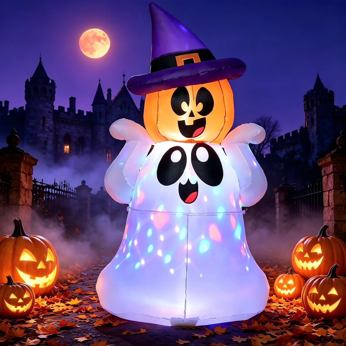 Joyfy 5Ft Halloween Inflatable Pumpkin Ghost with Colorful LED Lights,Halloween Blow Up Cute Decor for Indoor Outdoor Holiday Yard Decoration