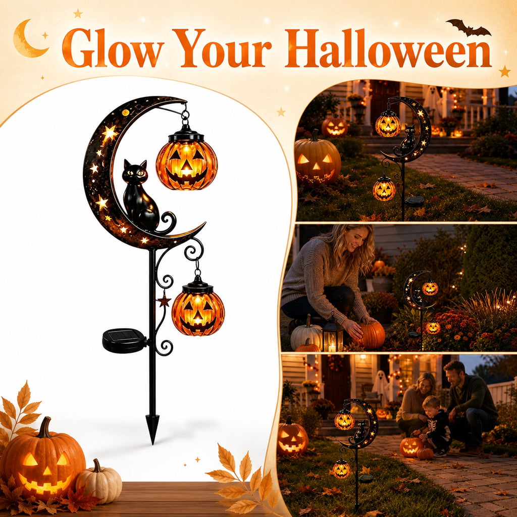 Solar Halloween Black Cat & Pumpkin Moon Garden Stake Light, Solar Black Cat Stake Light Spooky Garden Decor with LED Glow, Waterproof, Halloween Decor for Patio, Lawn, Pathway