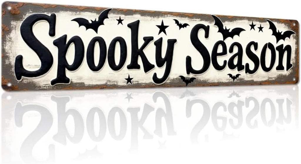 Spooky Season Metal Tin Sign Vintage Halloween Wall Decor 4x16 Inch Farmhouse Style Decorative Plaque for Living Room Entryway and Party
