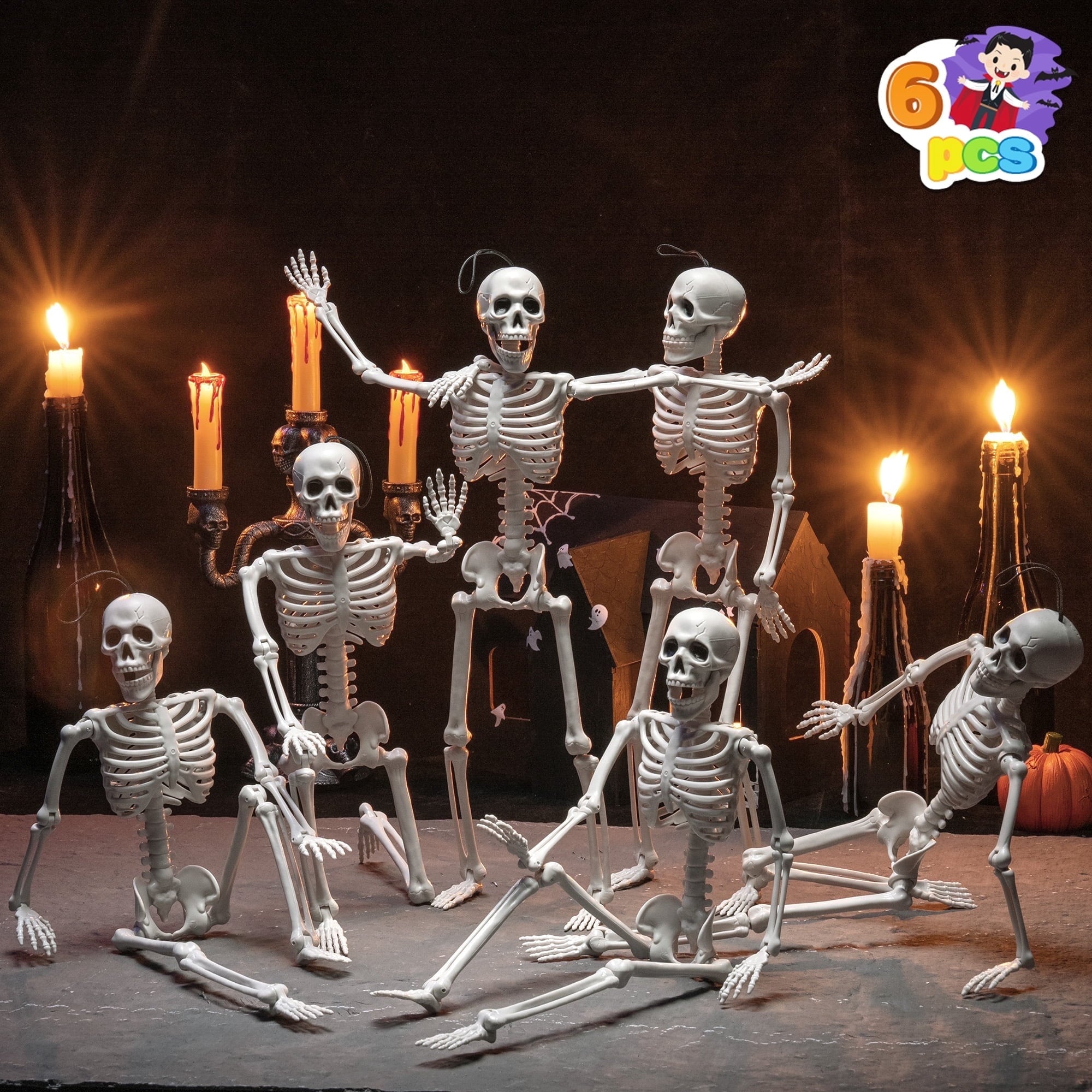 Joyfy 5 Pcs Halloween Skeleton Decorations,16 inch Full Body Poseable Skeleton with Movable Joints for Halloween Indoor Outdoor Party,Graveyard,Haunted House Accessories,White