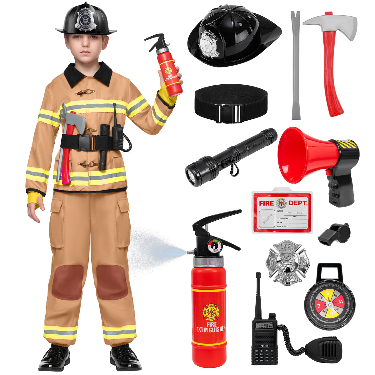 Joyfy Halloween Kids Fireman Costume, Firefighter Costume for Boys Toddler Halloween Party Dress Up 3-7 Years