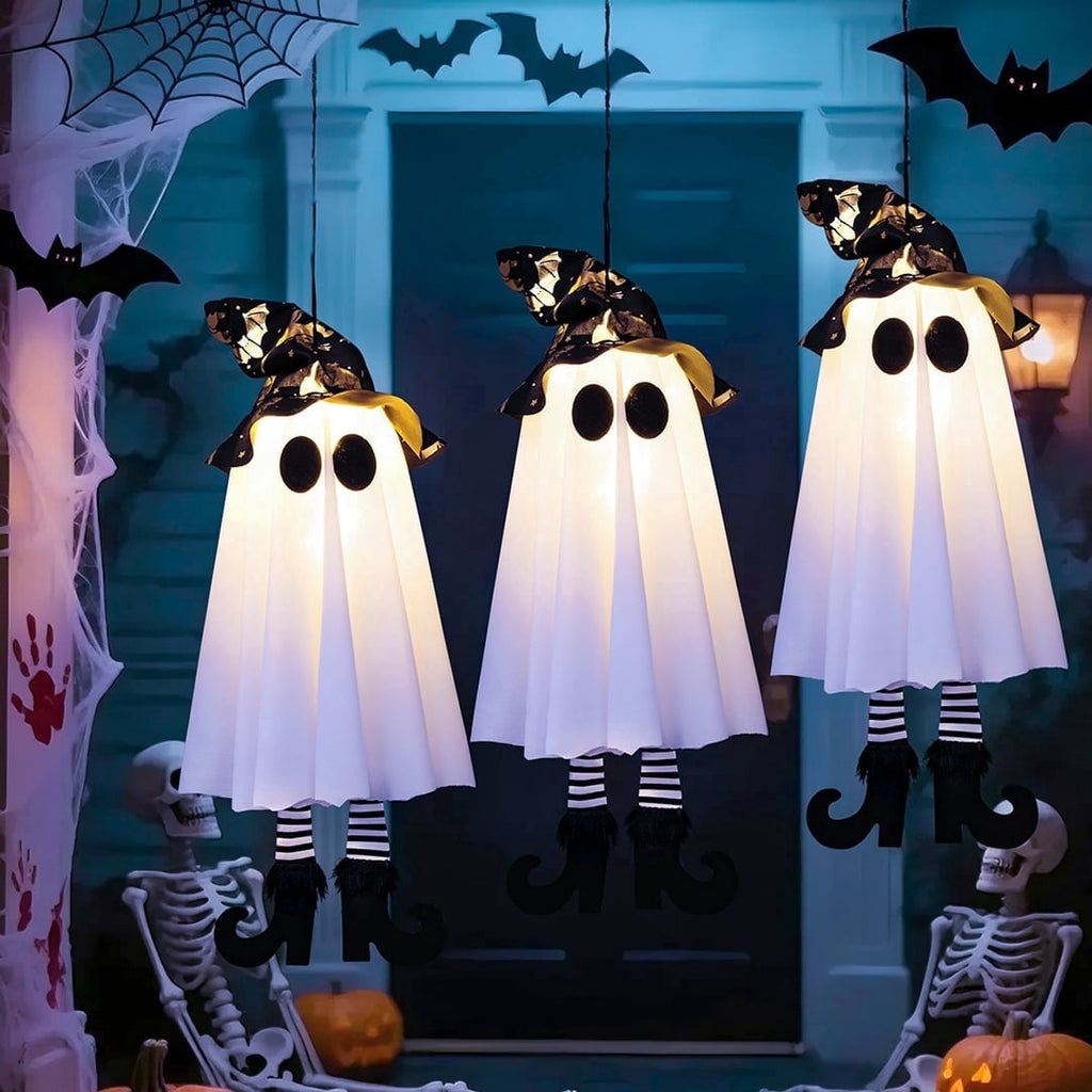 TETOU 18In Set of 3 Halloween Hanging Ghosts,Halloween Decorations Outdoor Hanging Ghosts with Witch Hat,Glowing Ghost Witch Hat Lights Halloween Ghost Decor for Yard Patio Garden Tree Outside