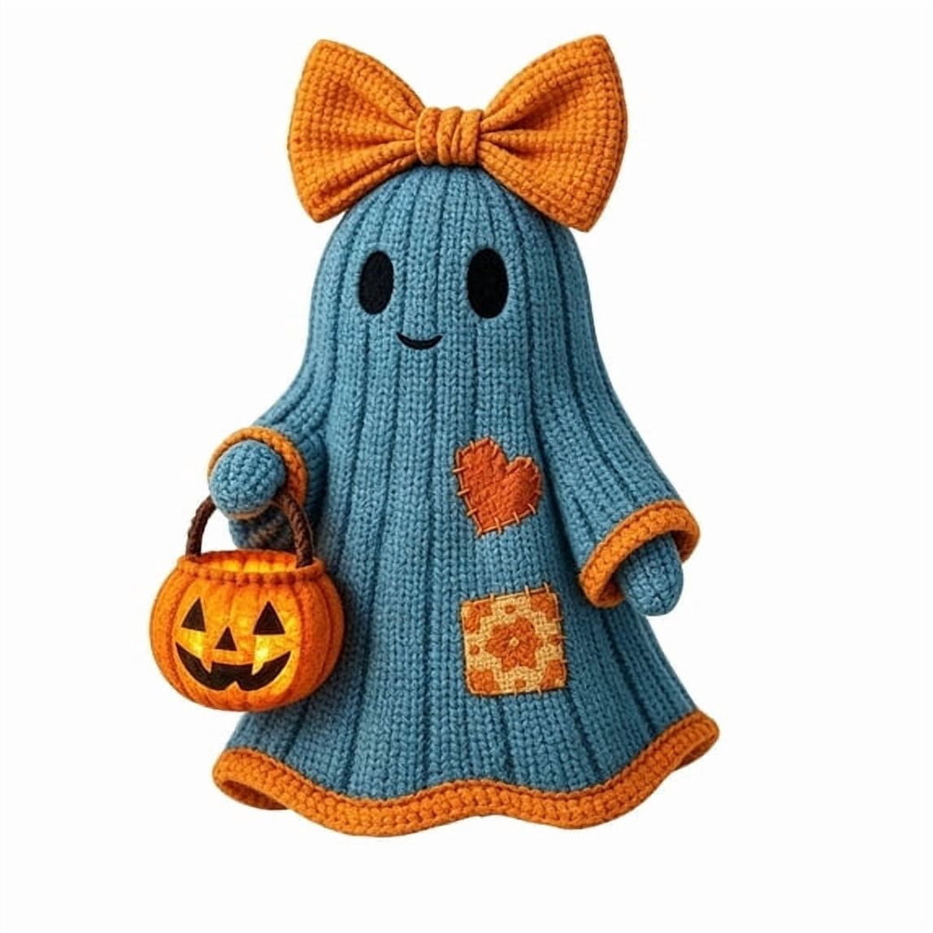 TOYOUME Vintage Patchwork Ghost, LED Glowing Retro Ghost Figurine, Floral Bow and Pumpkin Bucket for Warm Fall and Halloween Decoration, D