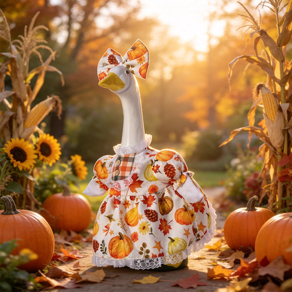 Thanksgiving Harvest Outfit for 23" Porch Goose, Goose Fall Theme Dress in White&Orange with Headwear Fall Harvest Decor for 23" Goose Outdoor Patio Yard Lawn Decoration