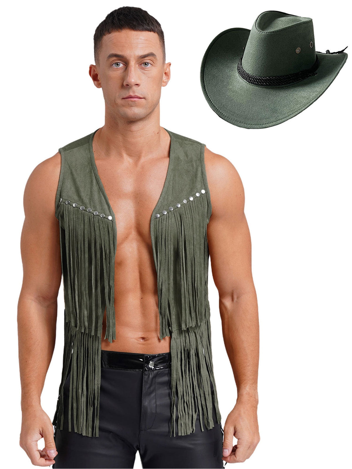 TiaoBug Men's Western Cowboy Cosplay Costume Tassel Rivets Waistcoat with Wide Brim Hats Sets Black L
