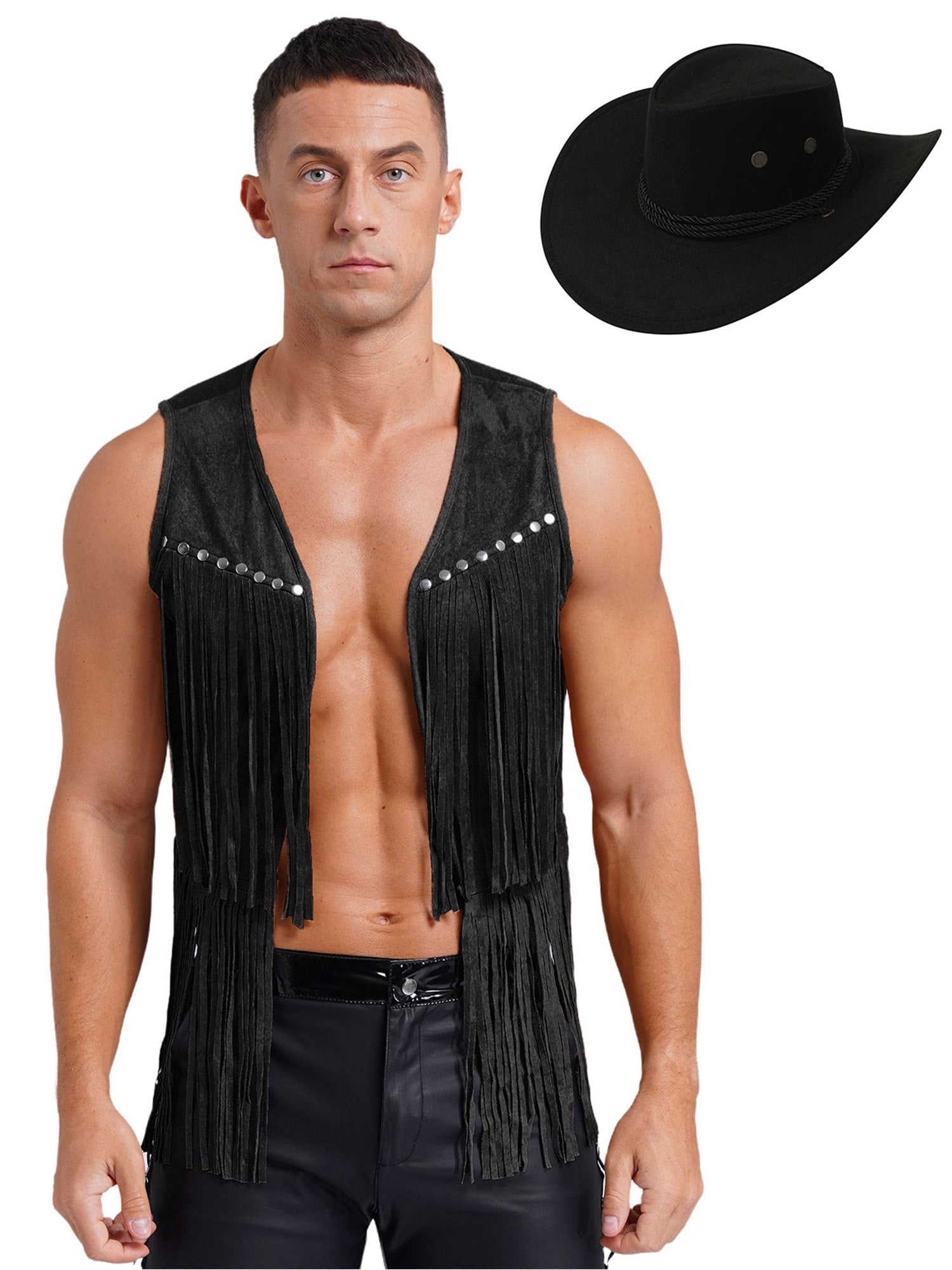 TiaoBug Men's Western Cowboy Cosplay Costume Tassel Rivets Waistcoat with Wide Brim Hats Sets Black L