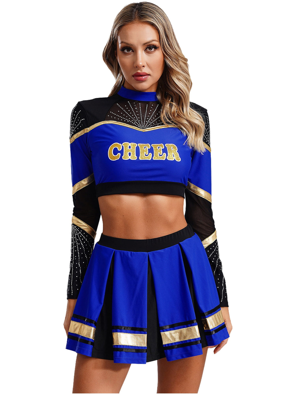 TiaoBug Women Cheer Leader Uniform Dance Cheerleading Costume Long Sleeve Crop Top with Mini Skirt White S