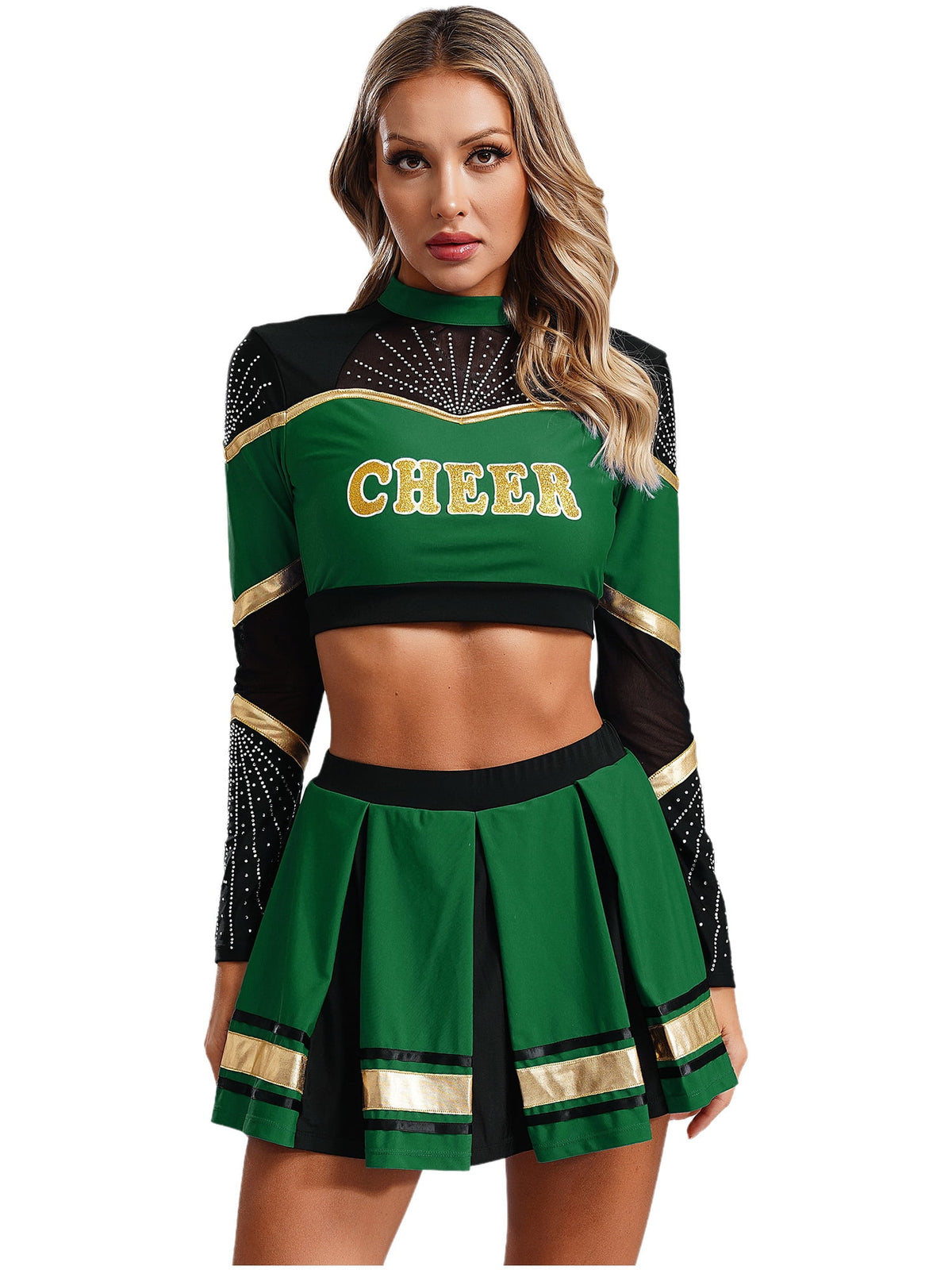 TiaoBug Women Cheer Leader Uniform Dance Cheerleading Costume Long Sleeve Crop Top with Mini Skirt White S