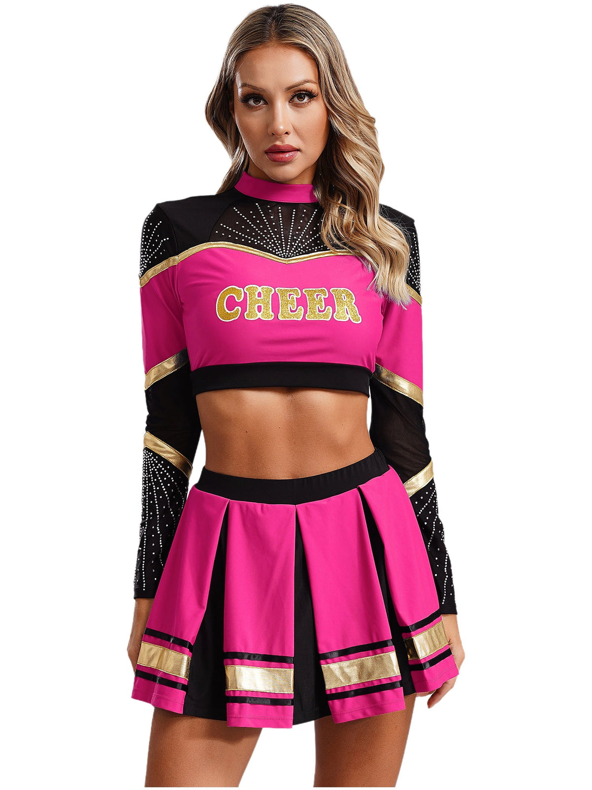 TiaoBug Women Cheer Leader Uniform Dance Cheerleading Costume Long Sleeve Crop Top with Mini Skirt White S