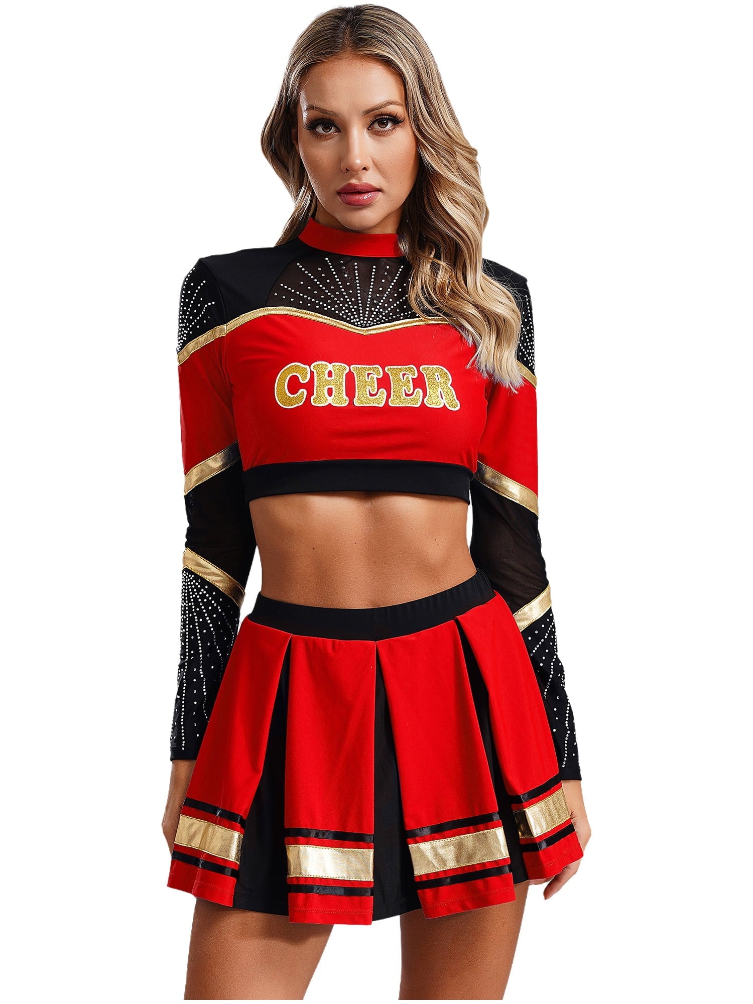 TiaoBug Women Cheer Leader Uniform Dance Cheerleading Costume Long Sleeve Crop Top with Mini Skirt White S