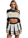 TiaoBug Women Cheer Leader Uniform Dance Cheerleading Costume Long Sleeve Crop Top with Mini Skirt White S