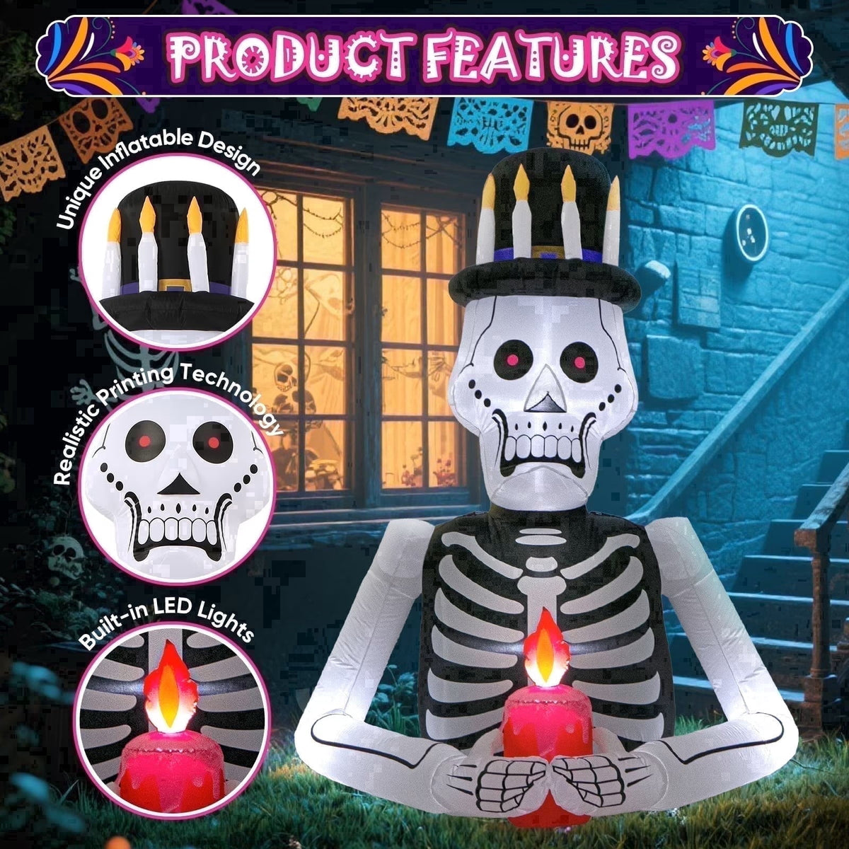 Toiyjofe 6ft Halloween Inflatable Black Cat with Glowing Jack o' Lantern and Witch Hat, Outdoor LED Trick-or-Treat Decoration for Yard, Lawn & Porch