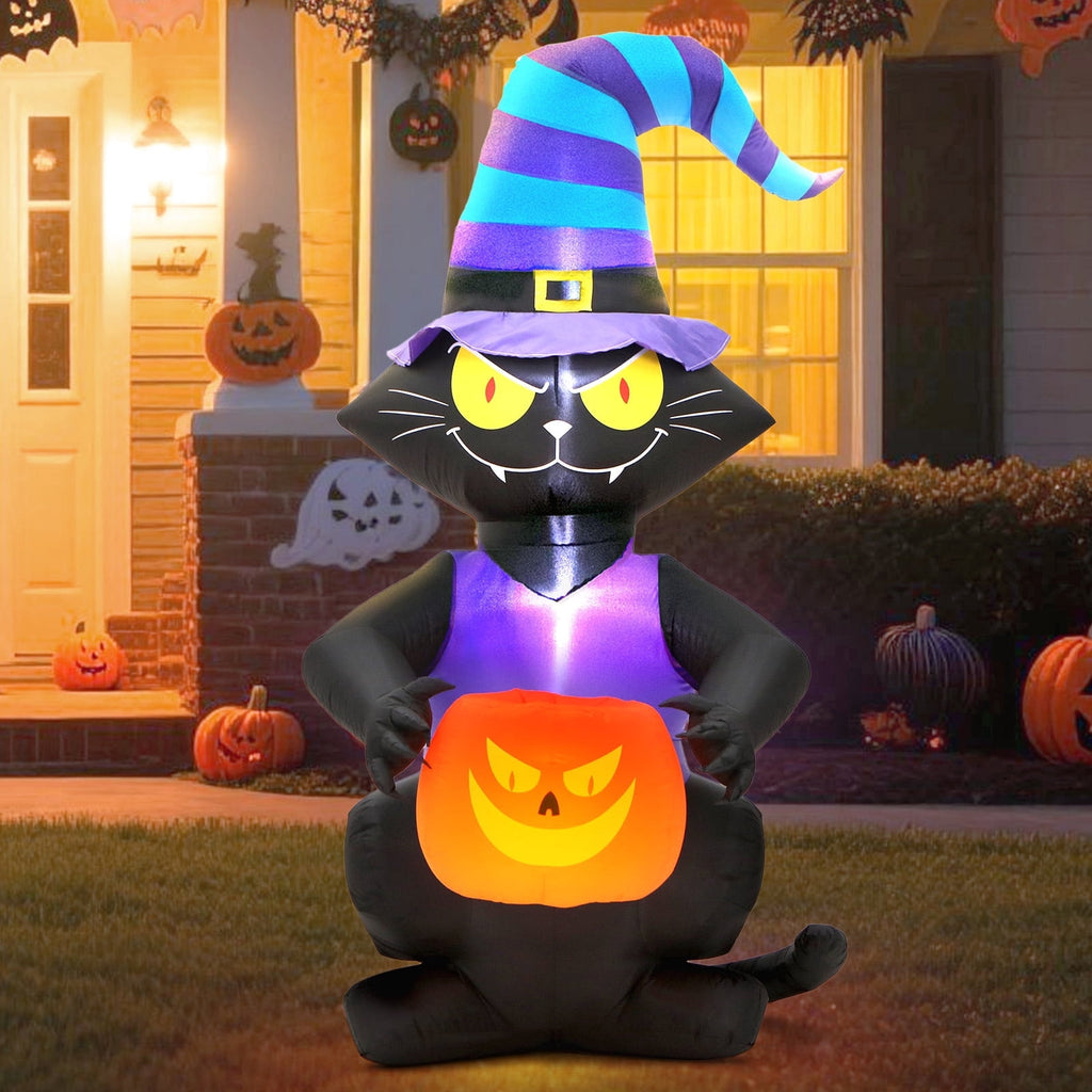 Toiyjofe 6ft Halloween Inflatable Black Cat with Glowing Jack o' Lantern and Witch Hat, Outdoor LED Trick-or-Treat Decoration for Yard, Lawn & Porch