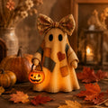 Tumdkd Vintage Patchwork Ghost Decor with LED Pumpkin Light, Soft Fabric Halloween Ornament for Mantel Shelf Tabletop, Cozy Family-Friendly Holiday Accent