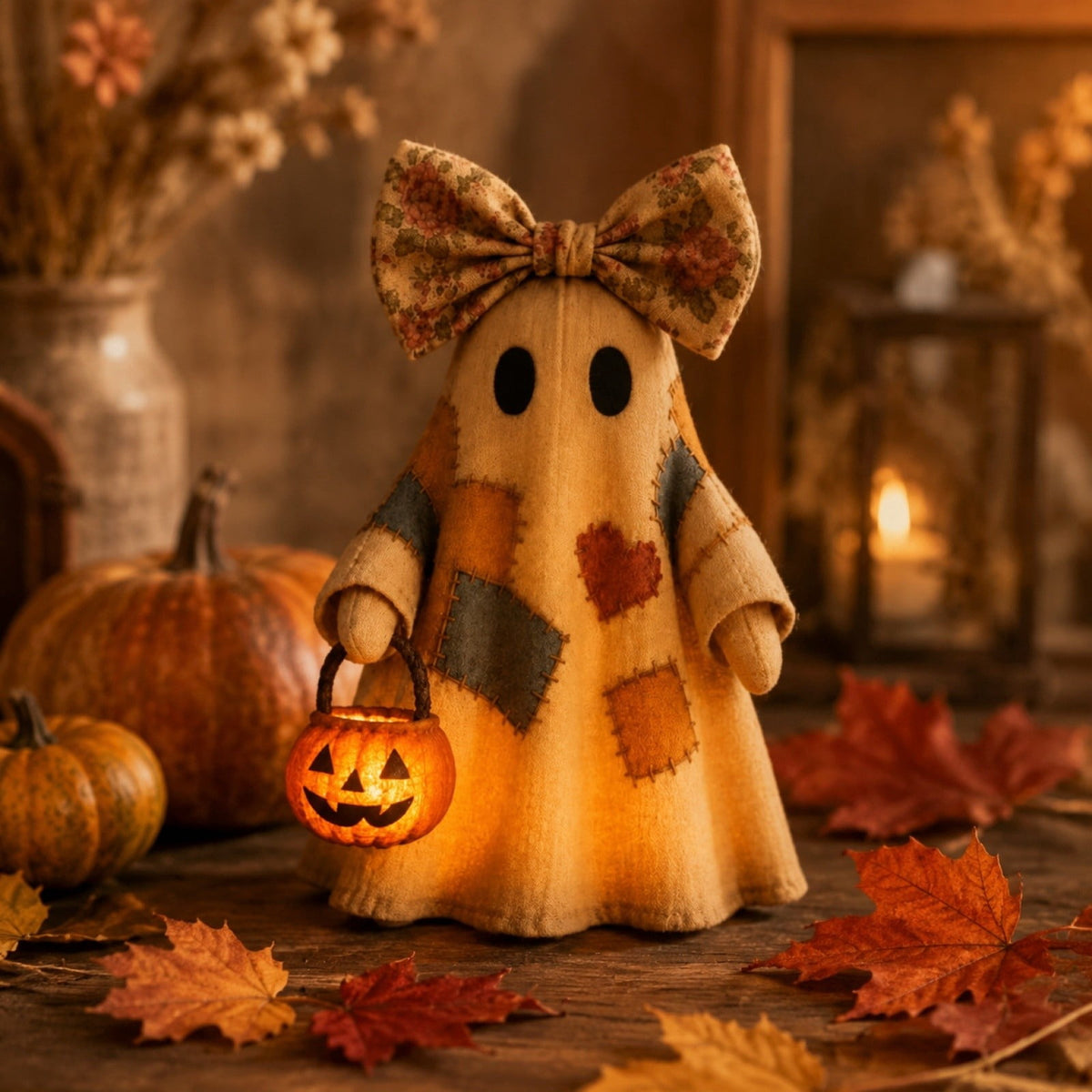 Tumdkd Vintage Patchwork Ghost Decor with LED Pumpkin Light, Soft Fabric Halloween Ornament for Mantel Shelf Tabletop, Cozy Family-Friendly Holiday Accent