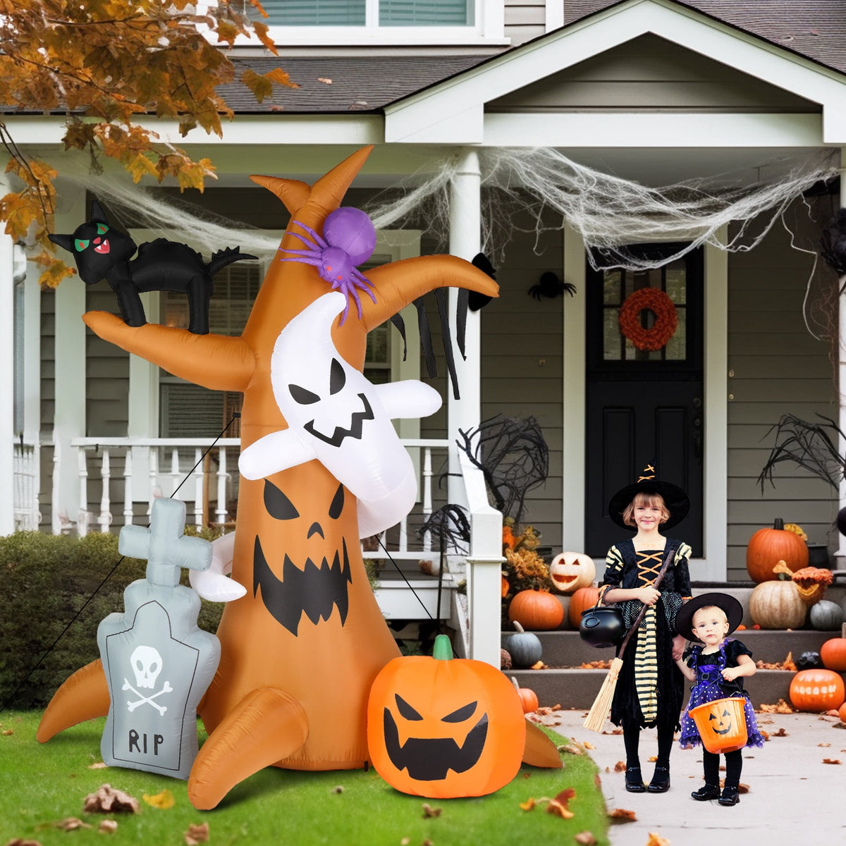 UBesGoo Inflateble Halloween Decoration 8FT Tree w/ Tombstone Pumpkin Ghost and Cat