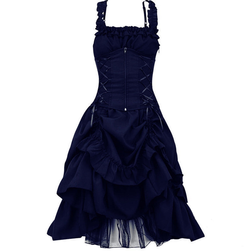UPPADA Halloween Costumes For Womens Sleeveless Irregular Gothic Dress Ruffle Steampunk Dress Corset Square Neck Layers Dress