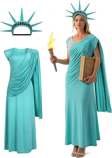 VZQI Statue of Liberty Costume Set for Women, Lady Liberty Outfit | Liberty-inspired costume set with gift-box packaging; choose 2-piece or 4-piece options for Halloween, parties and July 5th