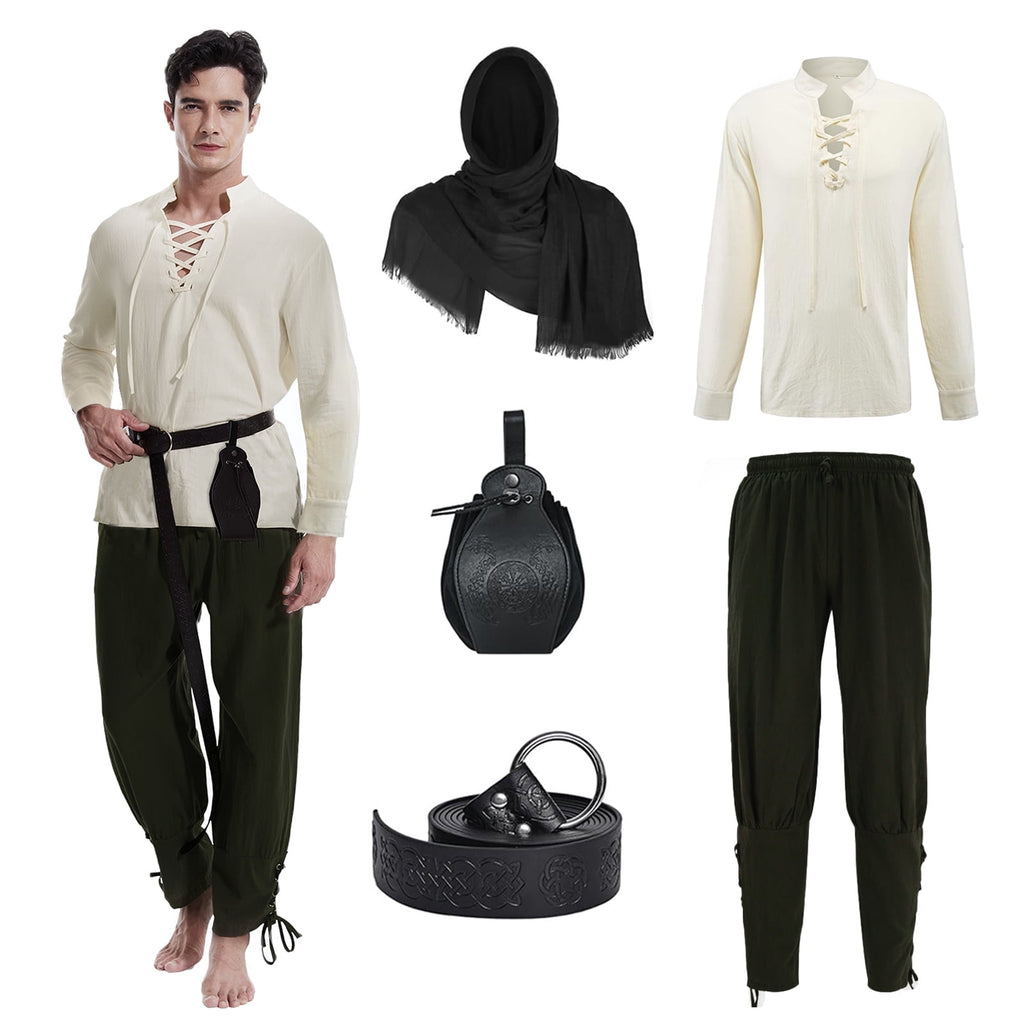 WASFDN 5 Pcs Men's Renaissance Costume Medieval Pirate Shirt Ankle Banded Pants Viking Costume Accessories Set,Style 2,M
