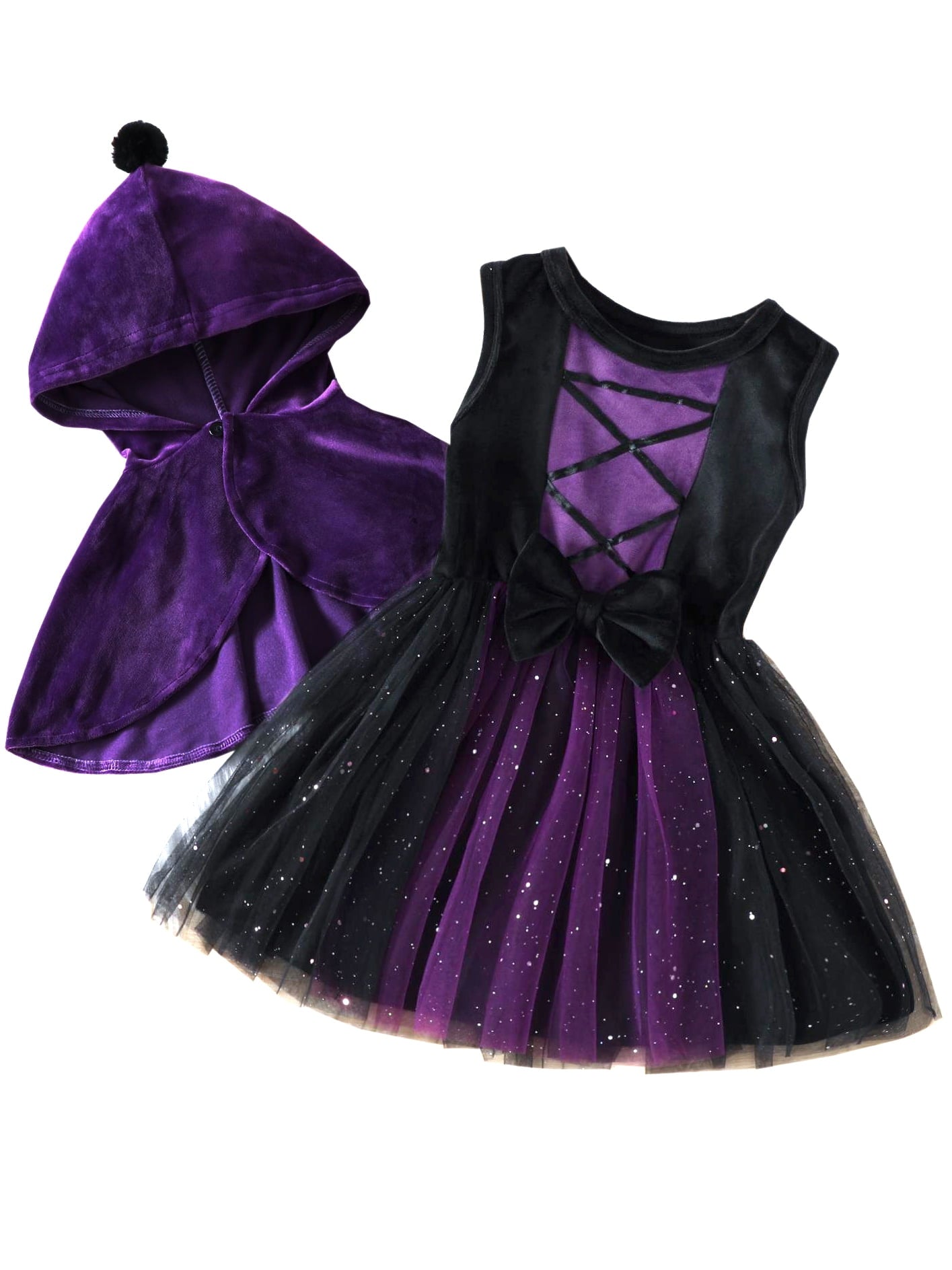 WIBACKER 1-6T Toddler Girls Witch Costume Kids Halloween Party Cosplay Ball Gown Tulle Dress with Plush Hooded Cape Shawl Set