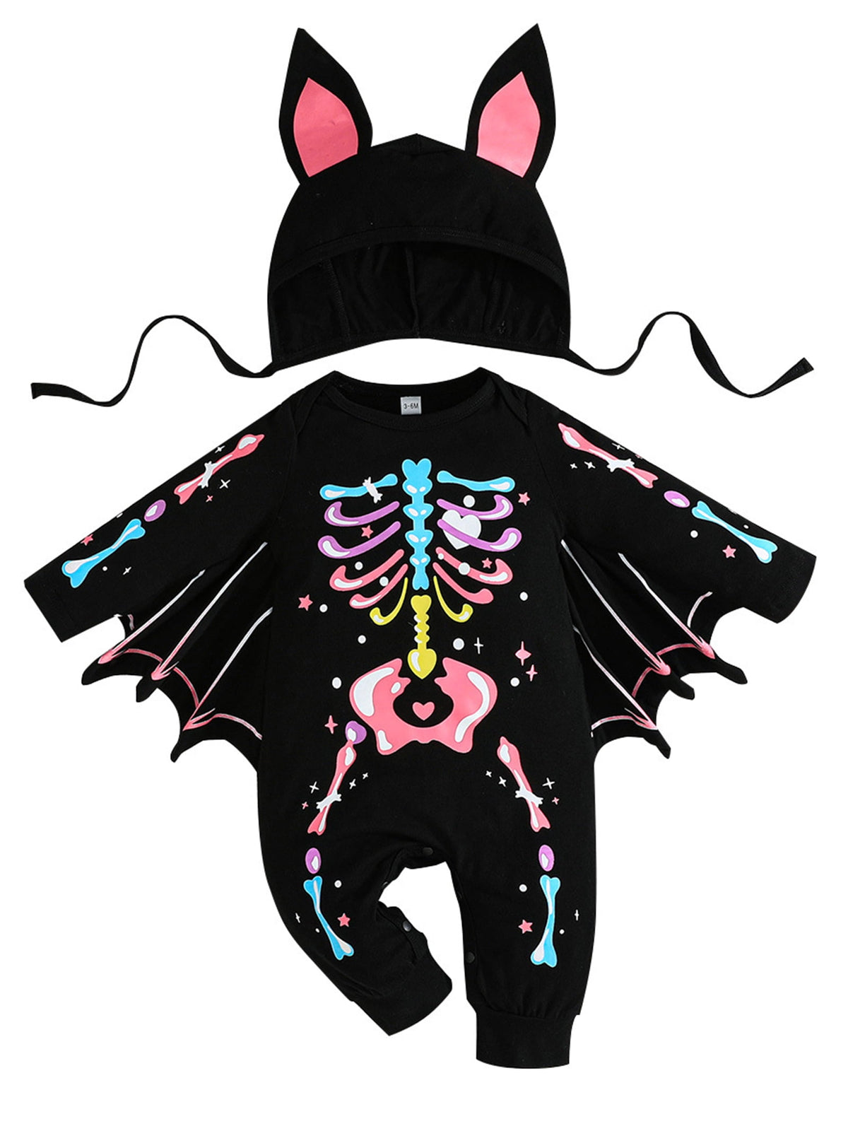 WIBACKER Baby Girl Boy Skeleton Jumpsuit Ear Hat 2PCS Outfit 3 Months-3 Years Infant Toddler Halloween Bats Costumes with Wings Cosplay Clothes