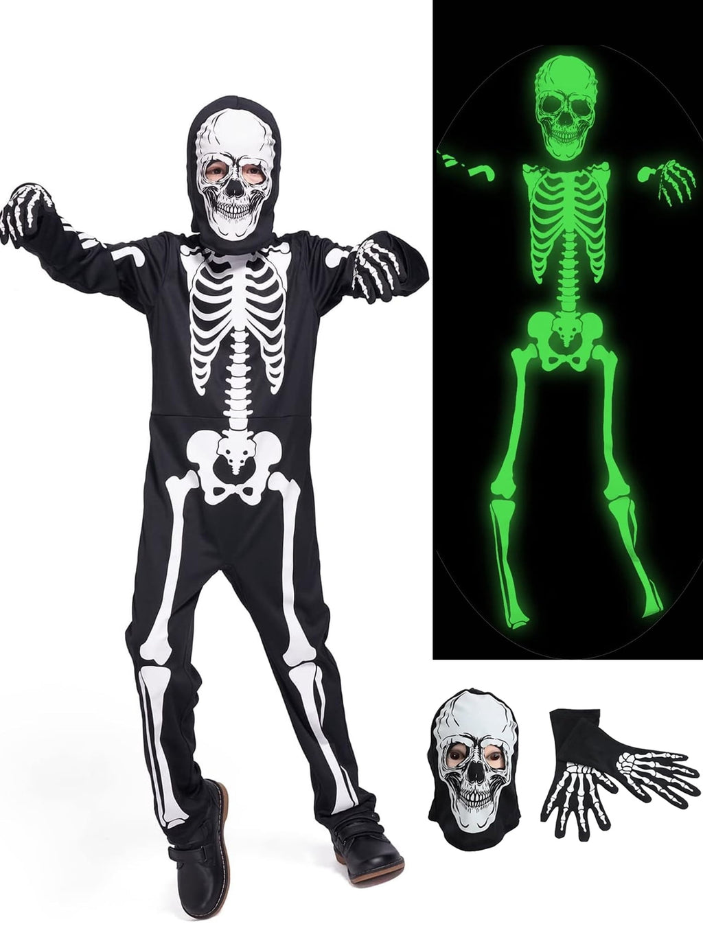 WIBACKER Kids Skeleton Halloween Costume, Glow in The Dark Halloween Cosplay Onesie for Boys and Girls, Jumpsuit + Gloves + Hood Mask