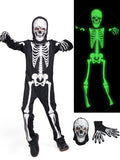 WIBACKER Kids Skeleton Halloween Costume, Glow in The Dark Halloween Cosplay Onesie for Boys and Girls, Jumpsuit + Gloves + Hood Mask