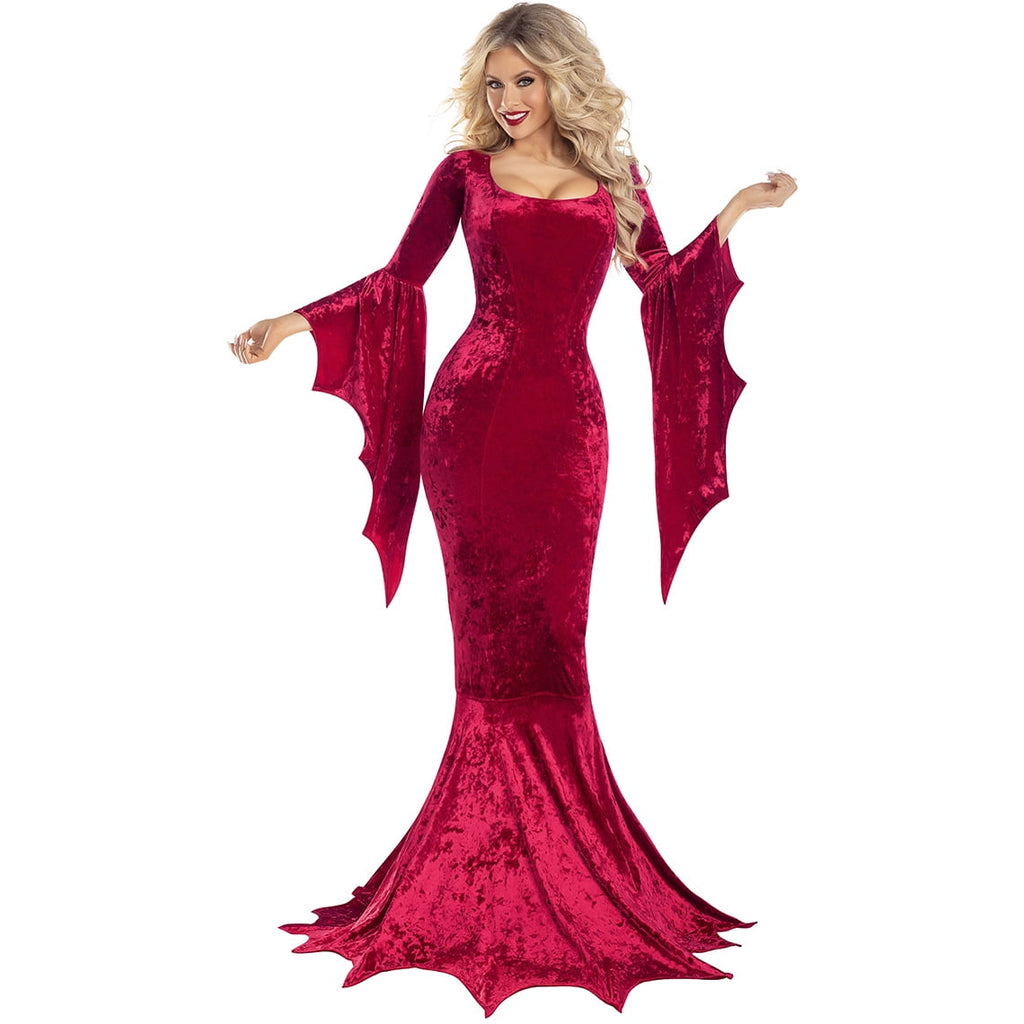 Witch Cosplay, Witch Costume, Witch Outfit, Witch Roleplay, Witch Cos, Vampire Womens Halloween Costumes Long Sleeves Mortician Costume Wrap Gothic Witch Dress Witchy Dress, Deep Red S