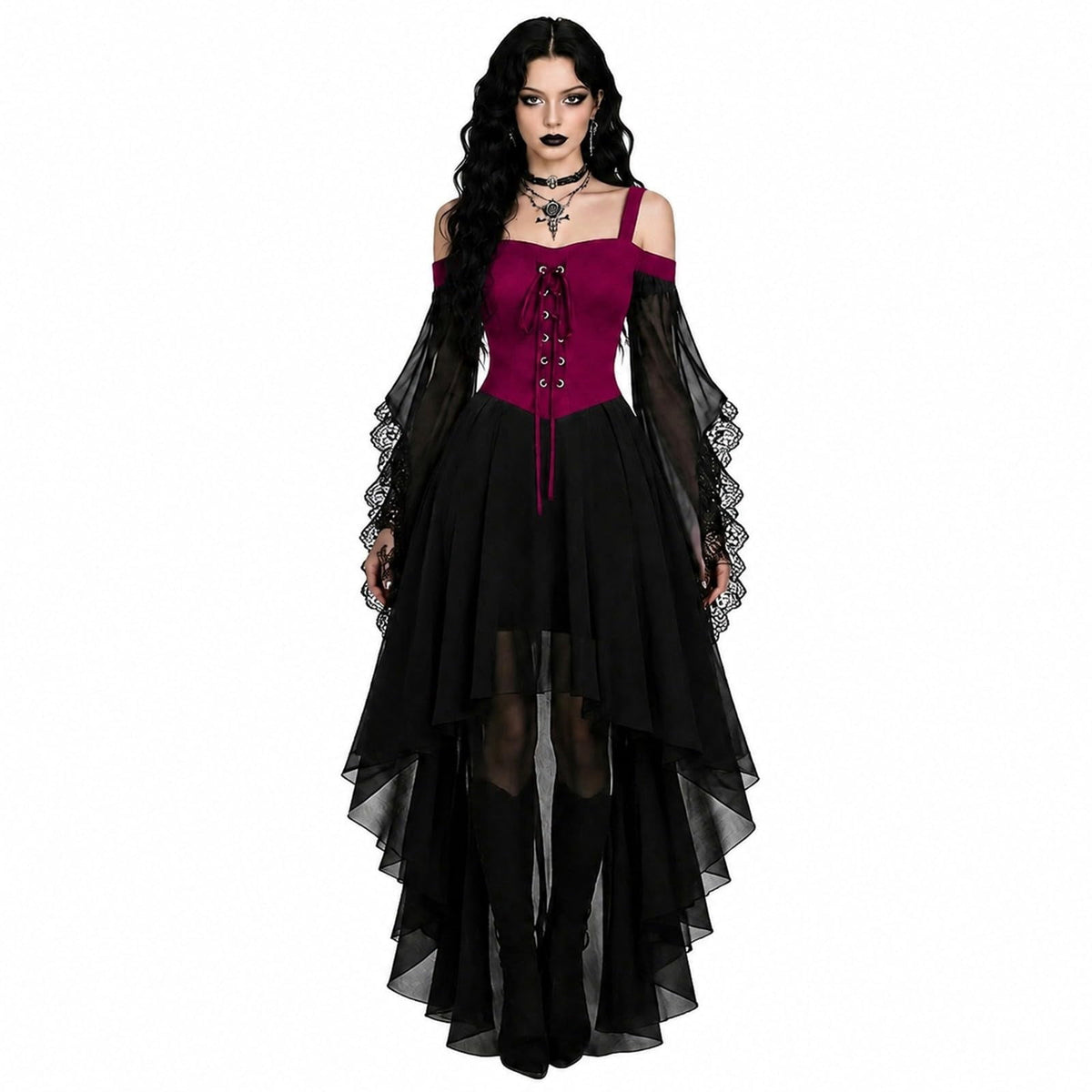 Witch Dress Women 2026 Halloween Costumes Woman Adults Medieval Vampire Butterfly Sleeve Mesh Gothic Outfits Red S