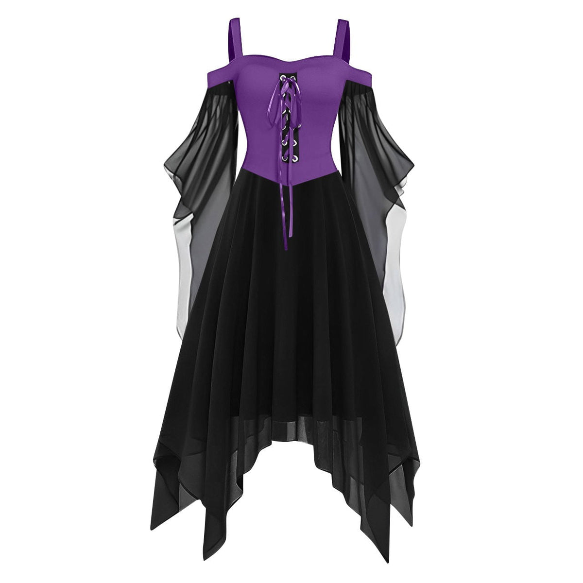 Women Gothic Cold Shoulder Midi Dress, Sheer Flare Bell Sleeve Front Corset Irregular Witch Costume Dress, Adult Halloween Dark Aesthetic Vintage Formal Evening Cosplay Party Outfit(Navy-2/M)