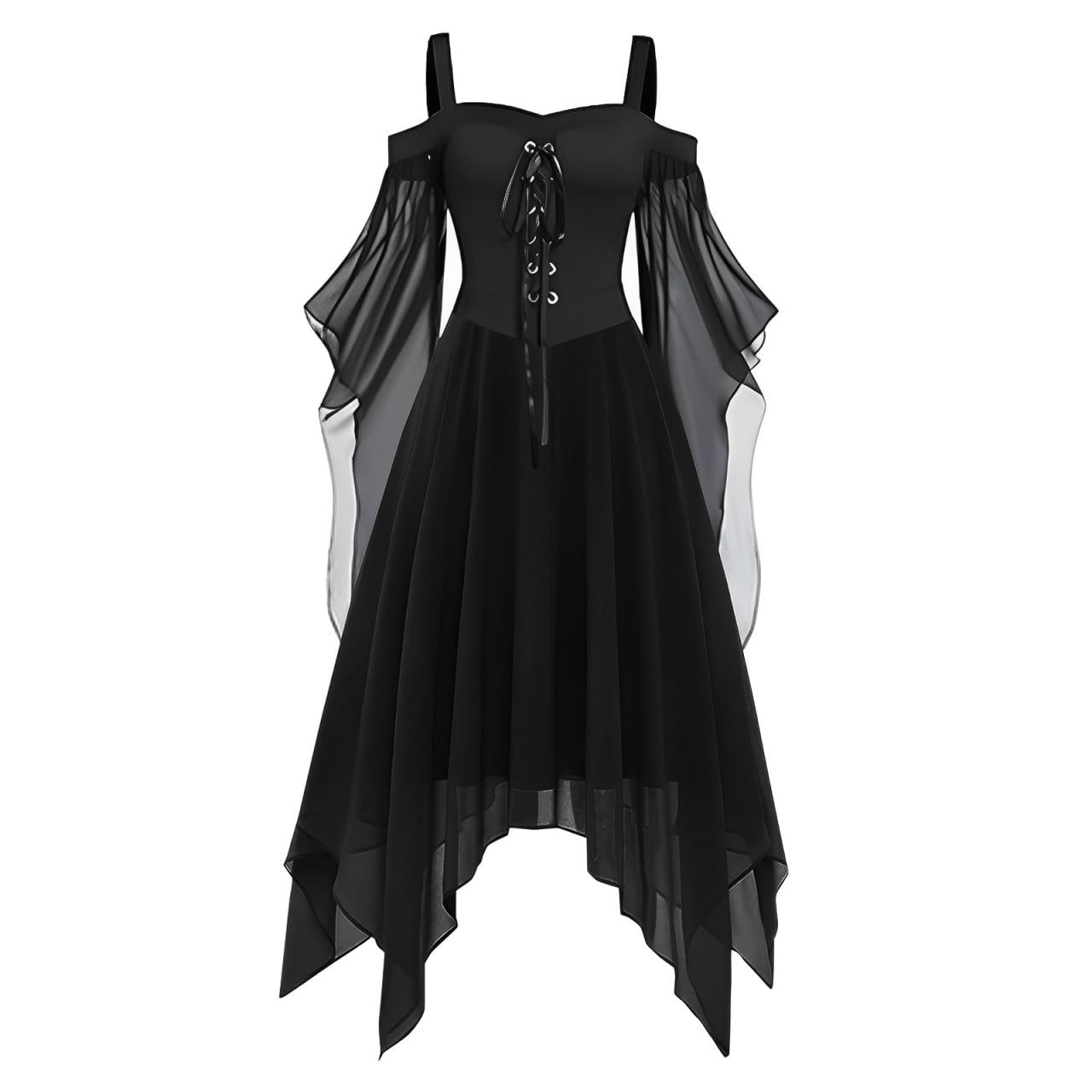 Women Gothic Cold Shoulder Midi Dress, Sheer Flare Bell Sleeve Front Corset Irregular Witch Costume Dress, Adult Halloween Dark Aesthetic Vintage Formal Evening Cosplay Party Outfit(Navy-2/M)