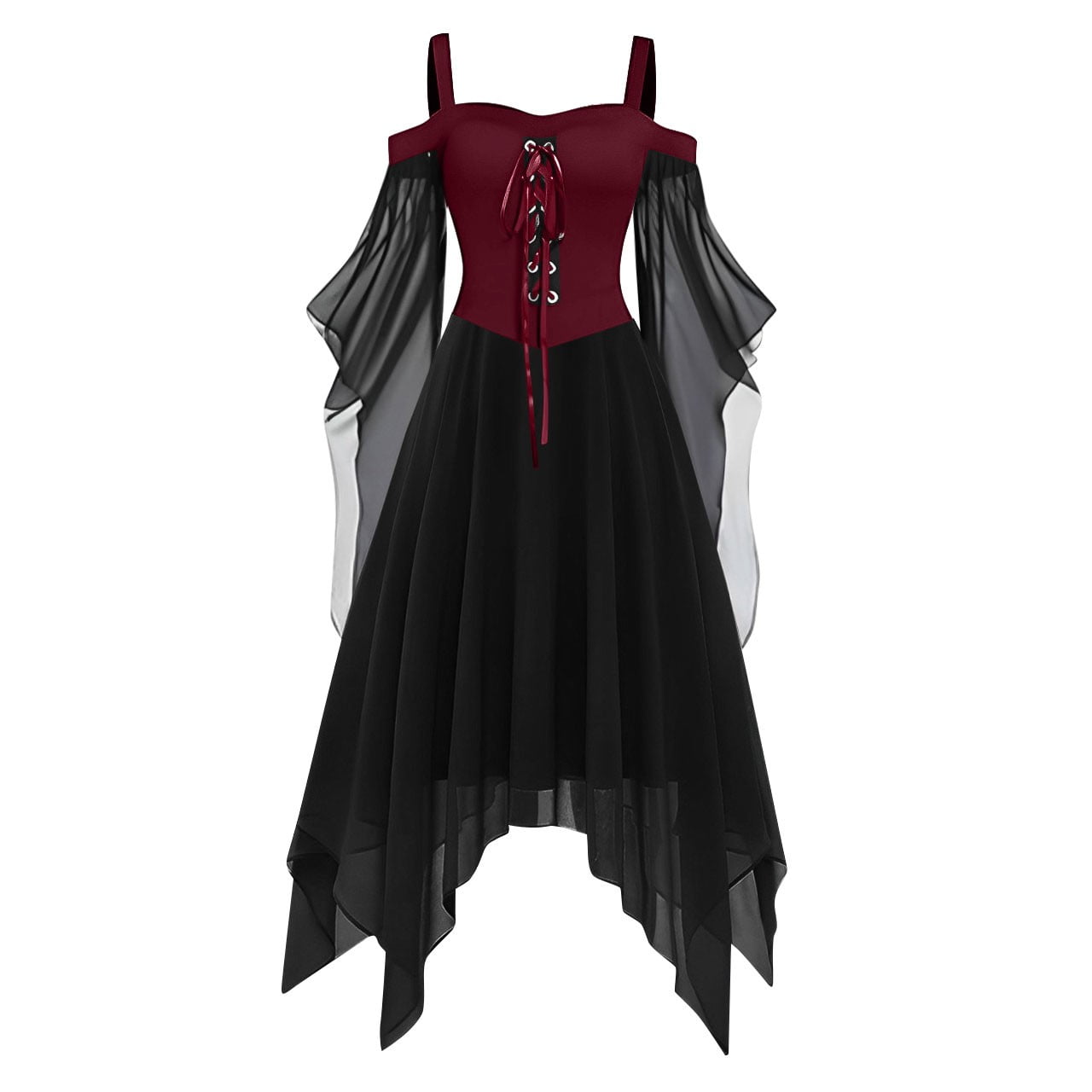 Women Gothic Cold Shoulder Midi Dress, Sheer Flare Bell Sleeve Front Corset Irregular Witch Costume Dress, Adult Halloween Dark Aesthetic Vintage Formal Evening Cosplay Party Outfit(Navy-2/M)