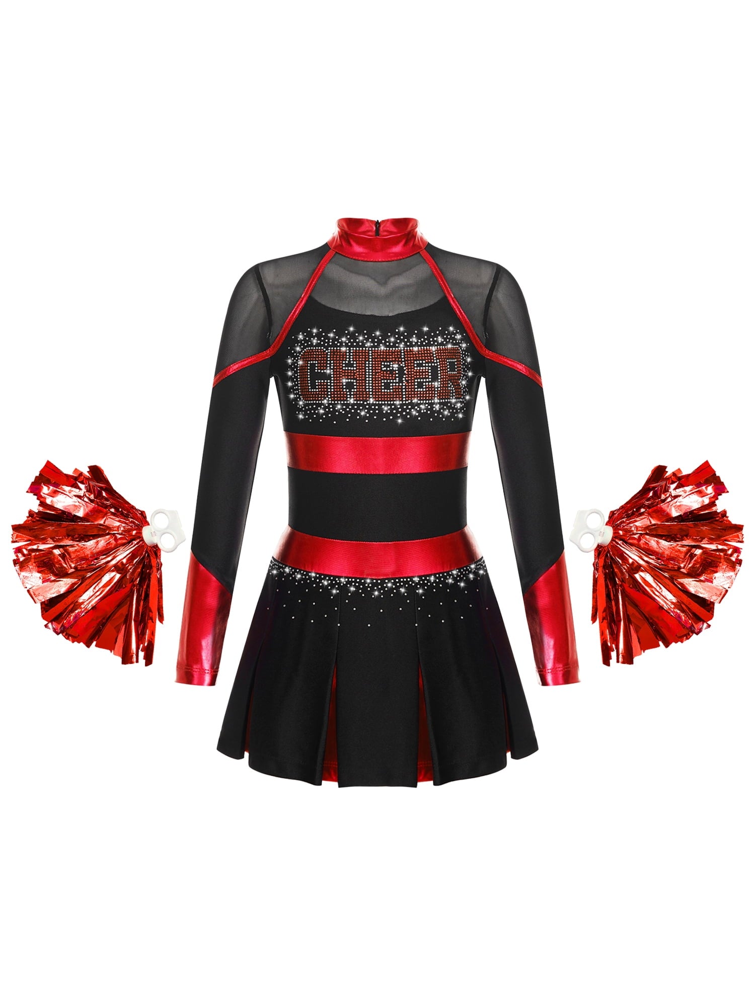YEAHDOR Cheer Team Uniform for Schoolgirls Cheerleading Outfit Carnival Masquerade Costume Dress with Hand Flower Balls Black&Red 14