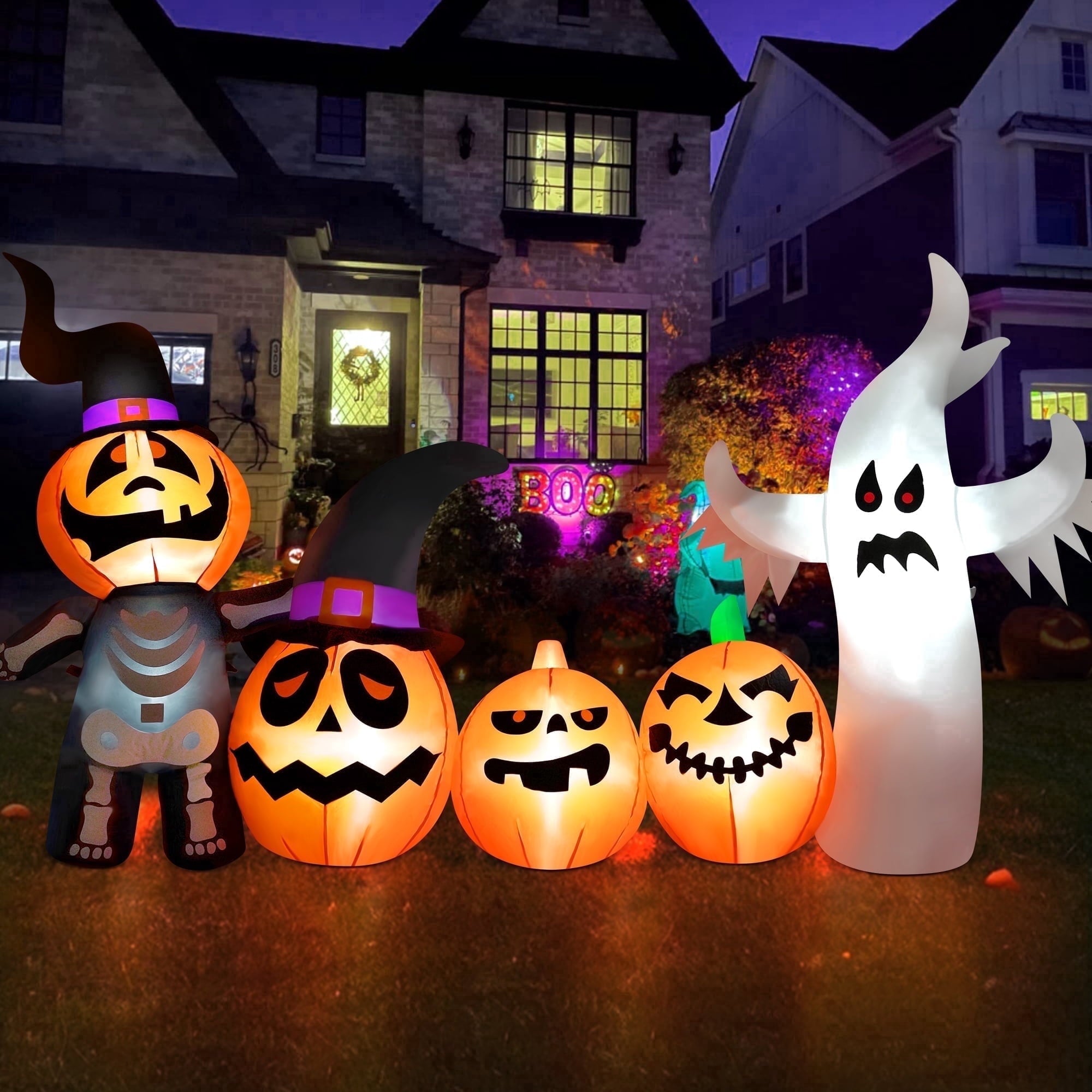 Yexmas Halloween Inflatables, 7 FT Long 4 Pumpkins with Cute White Ghost Outdoor Decorations, Built-in LEDs, Blow Up Party, Waterproof Yard, Garden, Lawn Decor