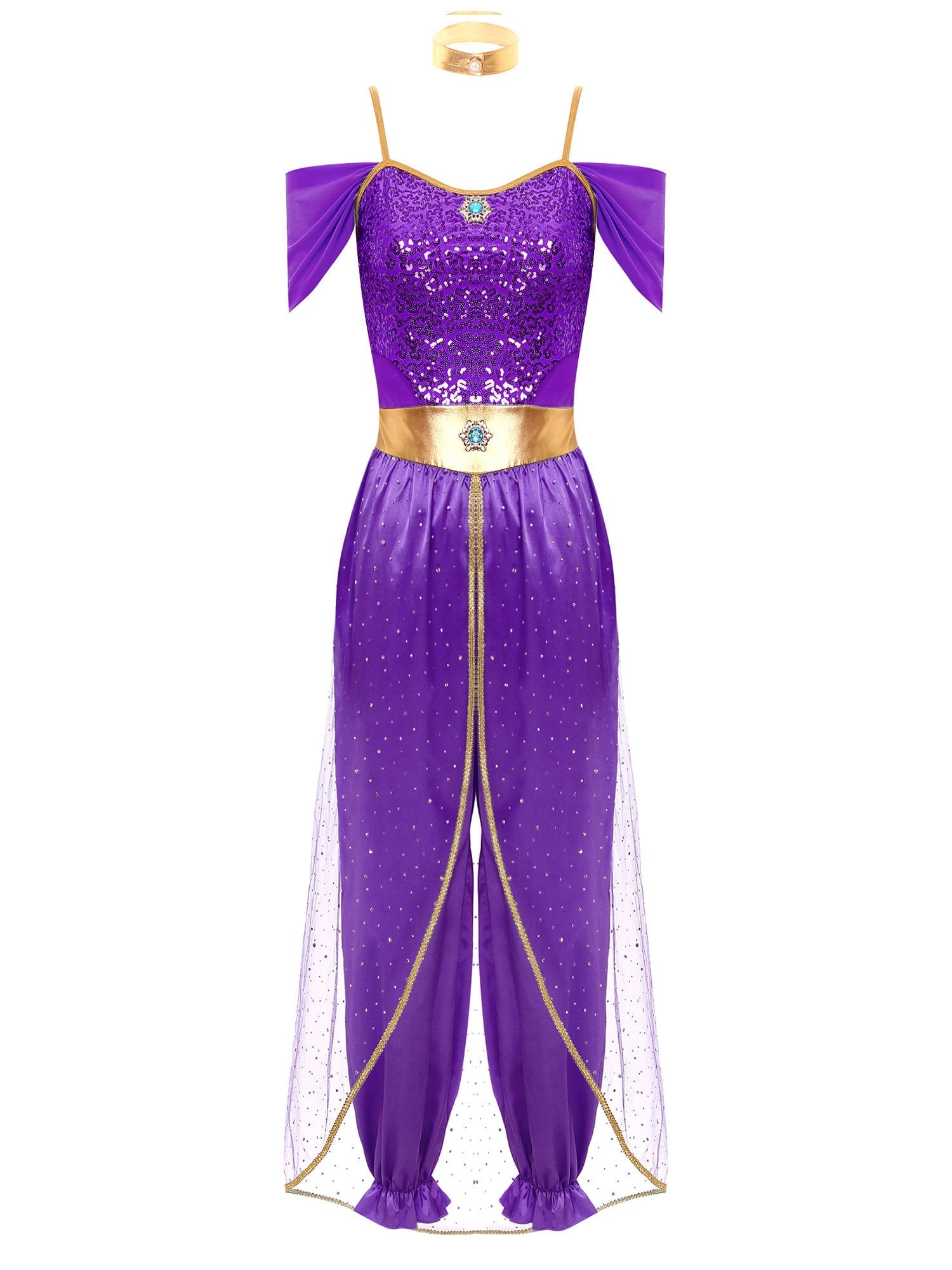 YiZYiF Women's Arabian Princess Dance Costume Halloween Party Fancy Dress Shiny Belly Dance Jumpsuit Turquoise B M