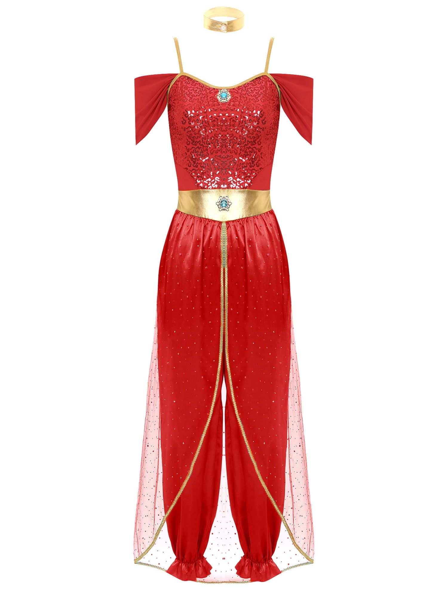 YiZYiF Women's Arabian Princess Dance Costume Halloween Party Fancy Dress Shiny Belly Dance Jumpsuit Turquoise B M