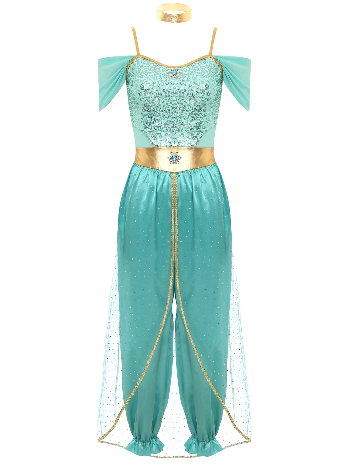 YiZYiF Women's Arabian Princess Dance Costume Halloween Party Fancy Dress Shiny Belly Dance Jumpsuit Turquoise B M