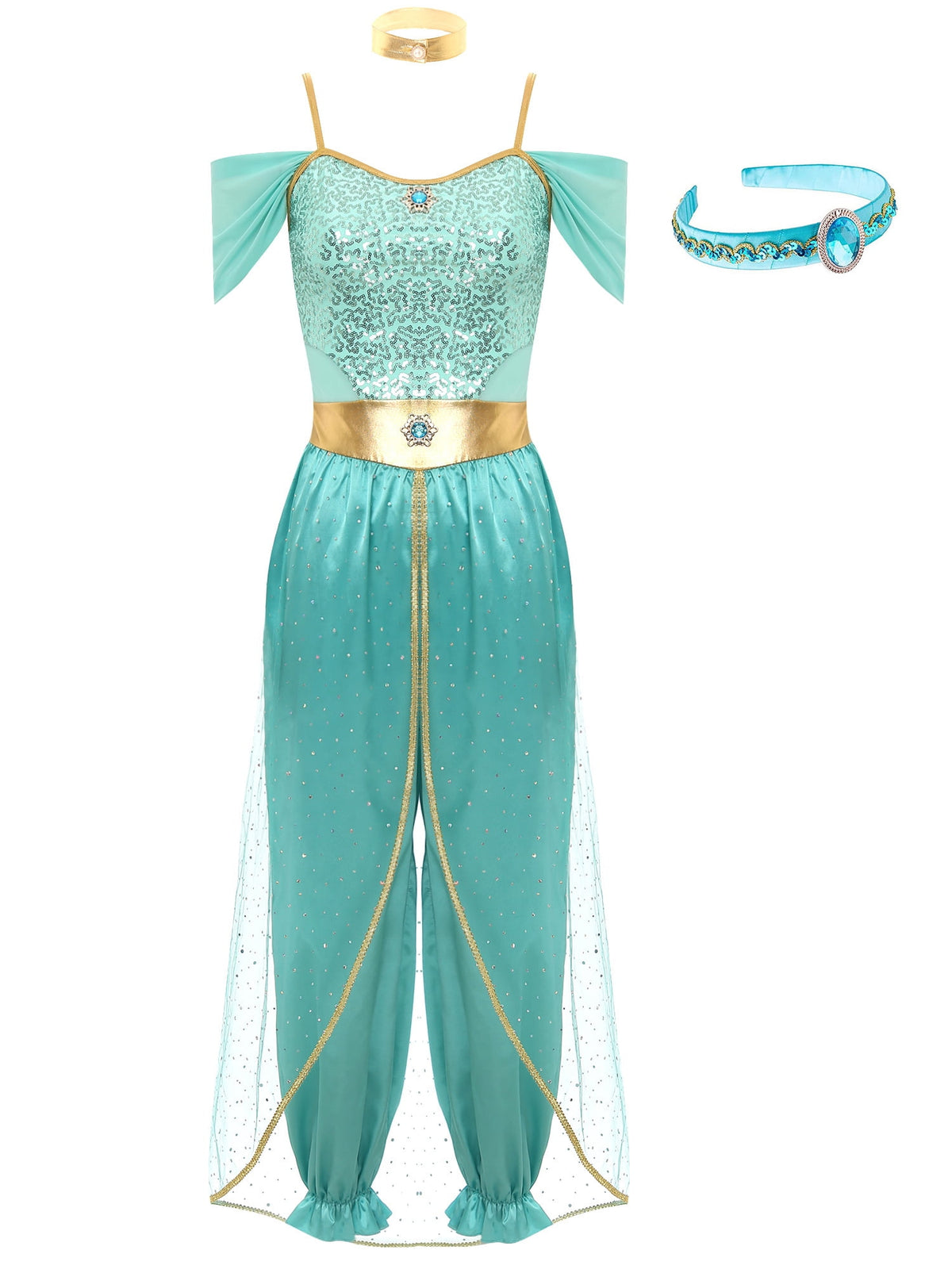 YiZYiF Women's Arabian Princess Dance Costume Halloween Party Fancy Dress Shiny Belly Dance Jumpsuit Turquoise B M